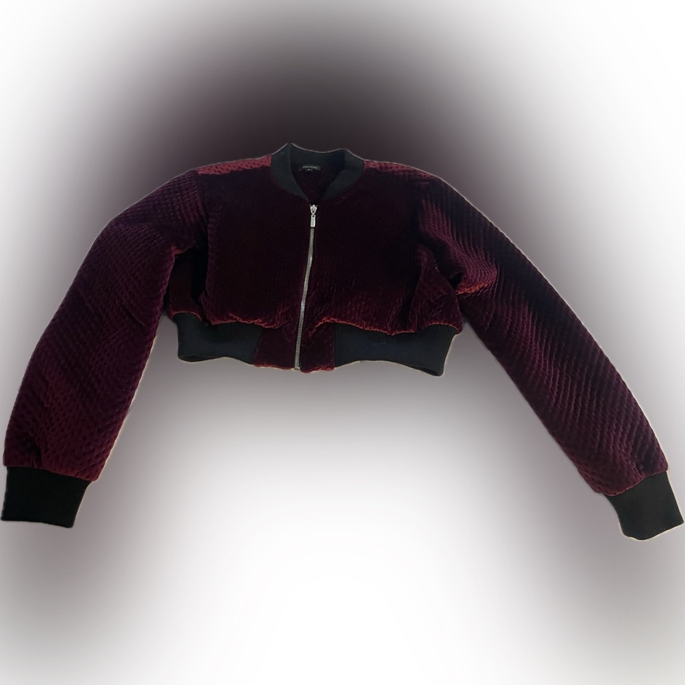 River Island Burgundy And Black Velvet Bomber Jacket Cropped